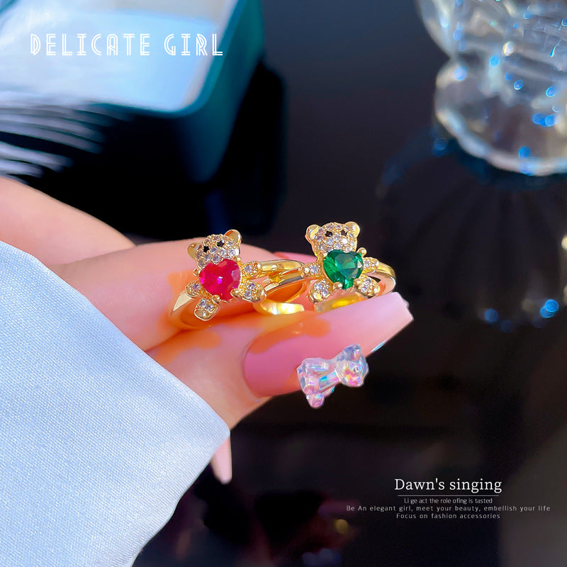 Real Gold Diamond Bear Open Female Minority Simple Rings
