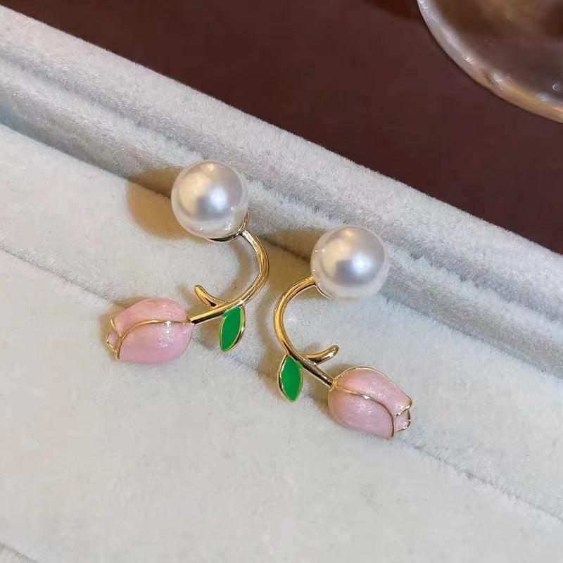 Pink Tulip High Sense Design Temperament Imitation Pearl Earrings