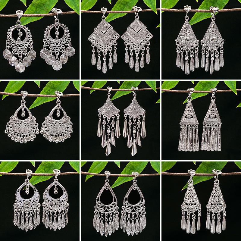 Women's Ethnic Geometric Tassel Ear Clip Miao Sier Retro Elegant Earrings