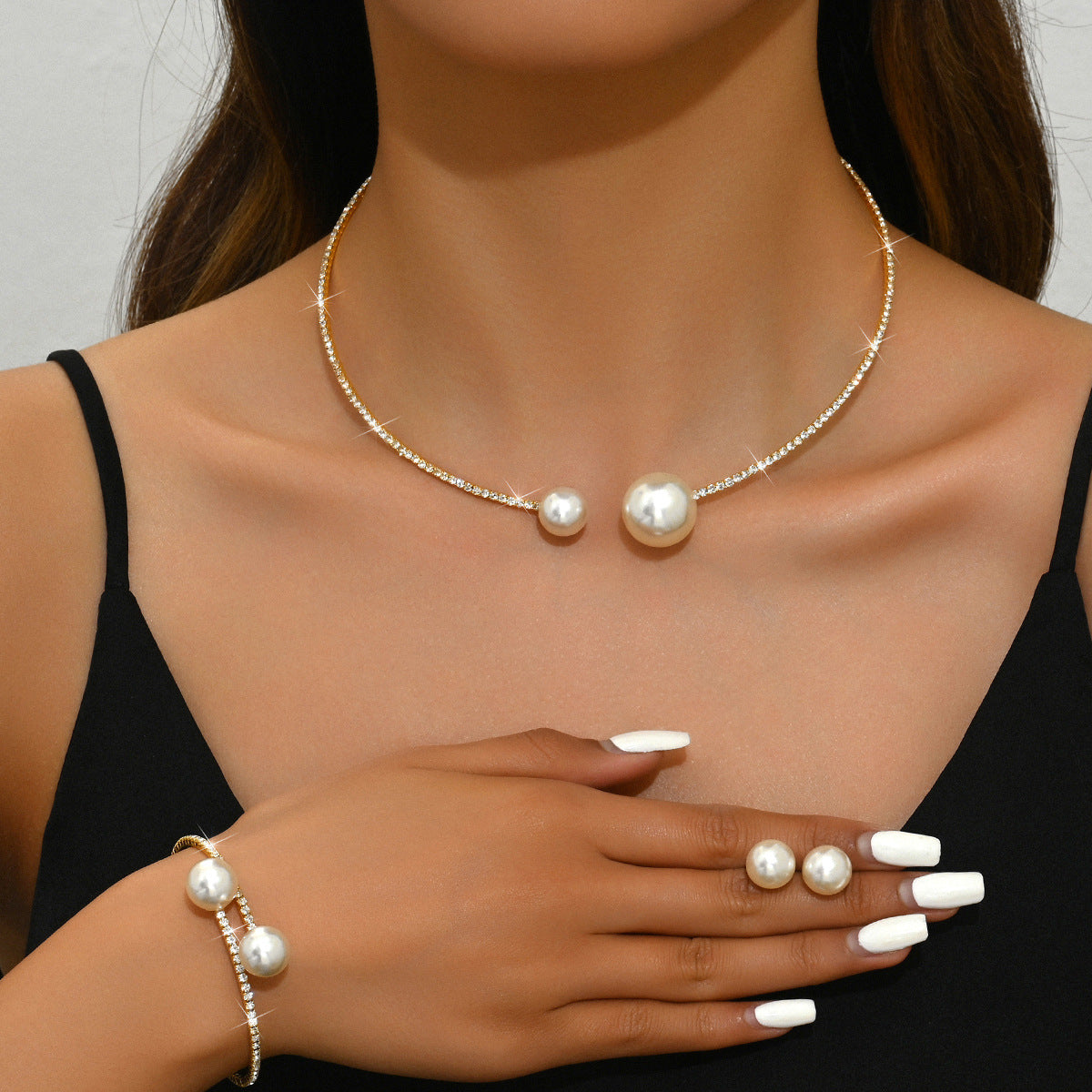 Bridal Elegant Shiny Rhinestone Pearl Neckband Jewelry Set