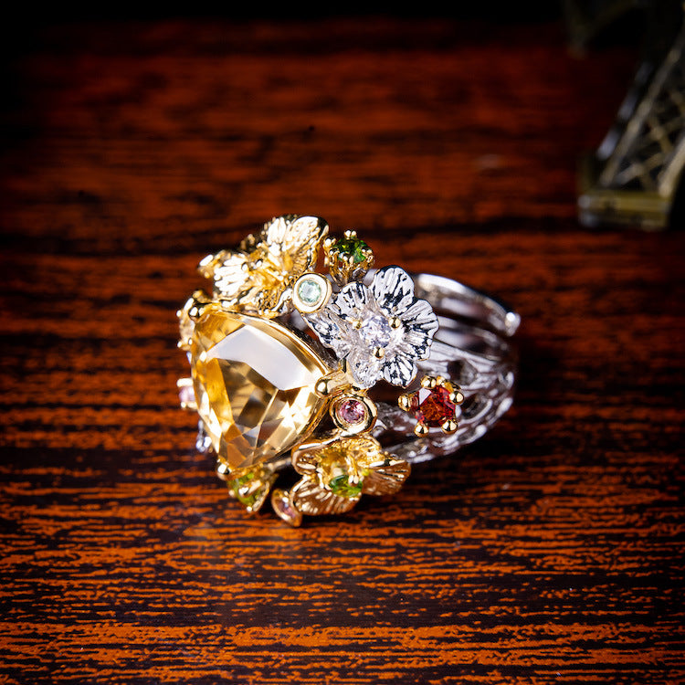 Bagues de bijoux de cour italiennes, pierres précieuses de couleur Citrine naturelle