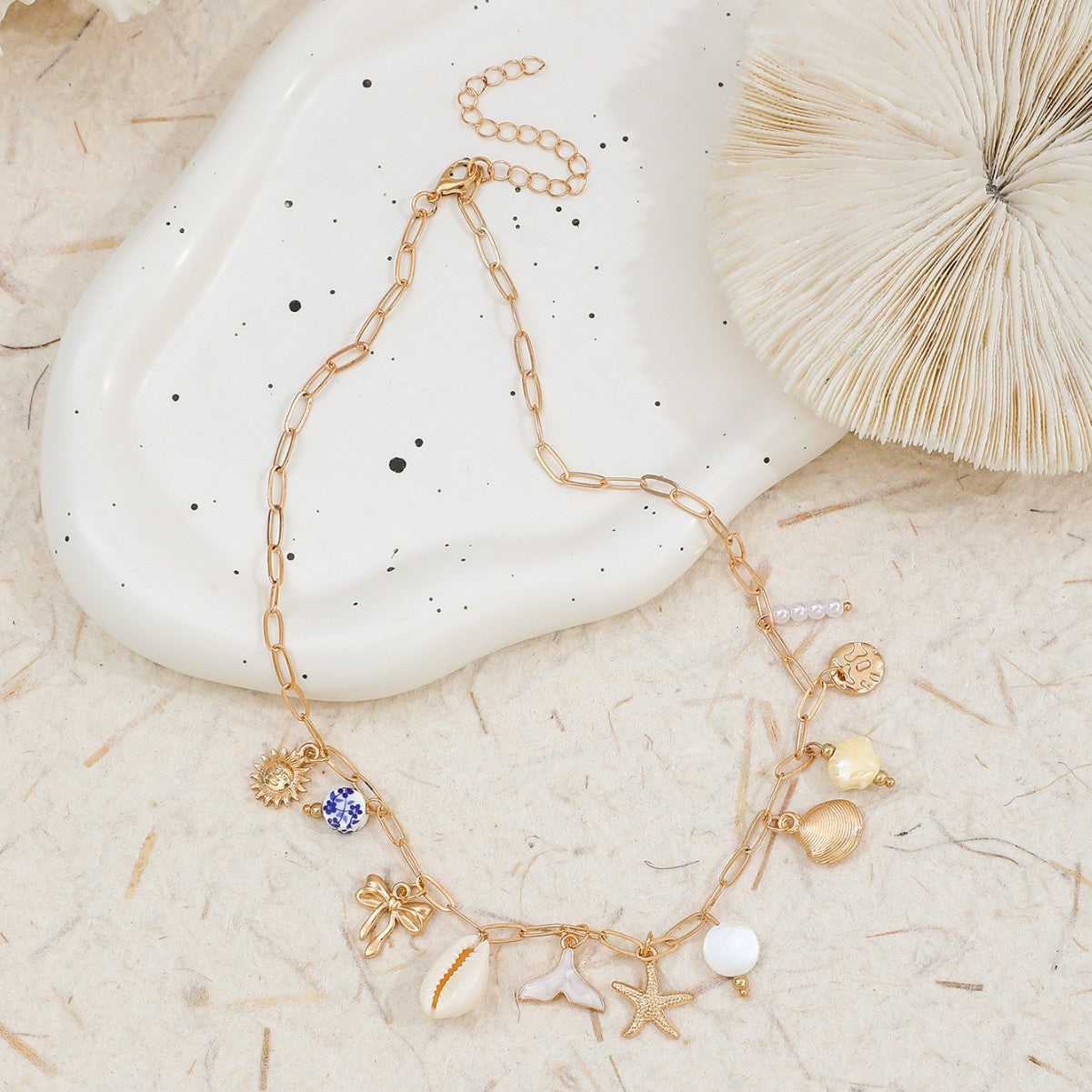 Women's Ocean Sun Blue White Porcelain Bow Shell Necklace
