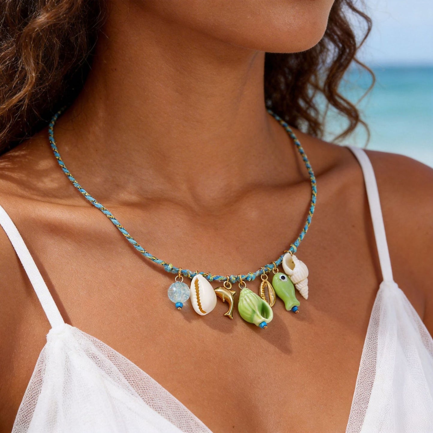 Summer Ocean Shell Dolphin Dopamine Ceramic Fish Colorful Ropes Necklace