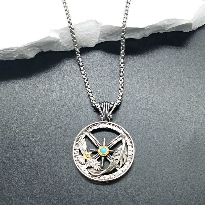 Men's Feather Eagle Compass Trendy Personality Hollow Necklaces