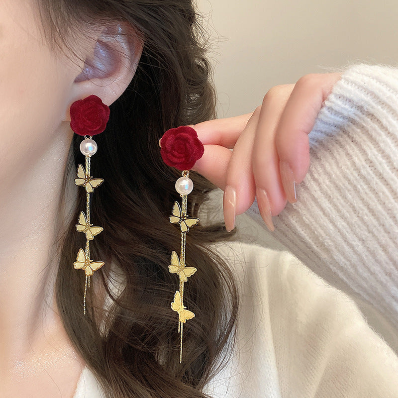Women's Red Flower Long Butterfly Tassel Light Luxury High Sense Earrings