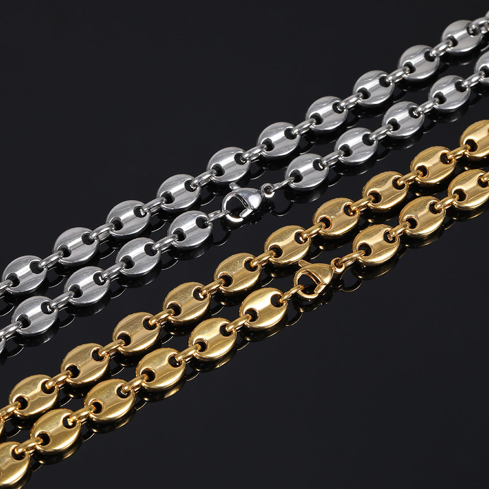 Men's Coffee Bean Hip Hop Gold Titanium Steel Lobster Buckle Stainless Jewelry Set