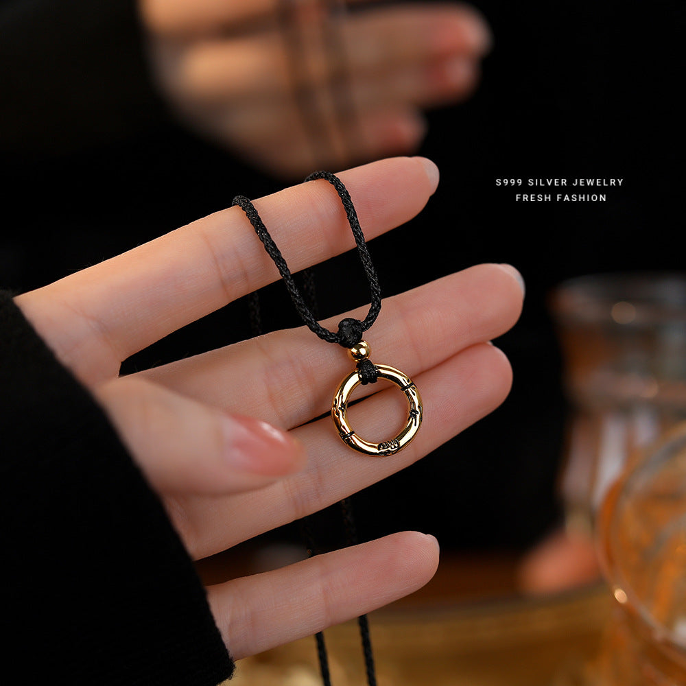 Women's Sier Woven Black Rope Ping An Necklaces