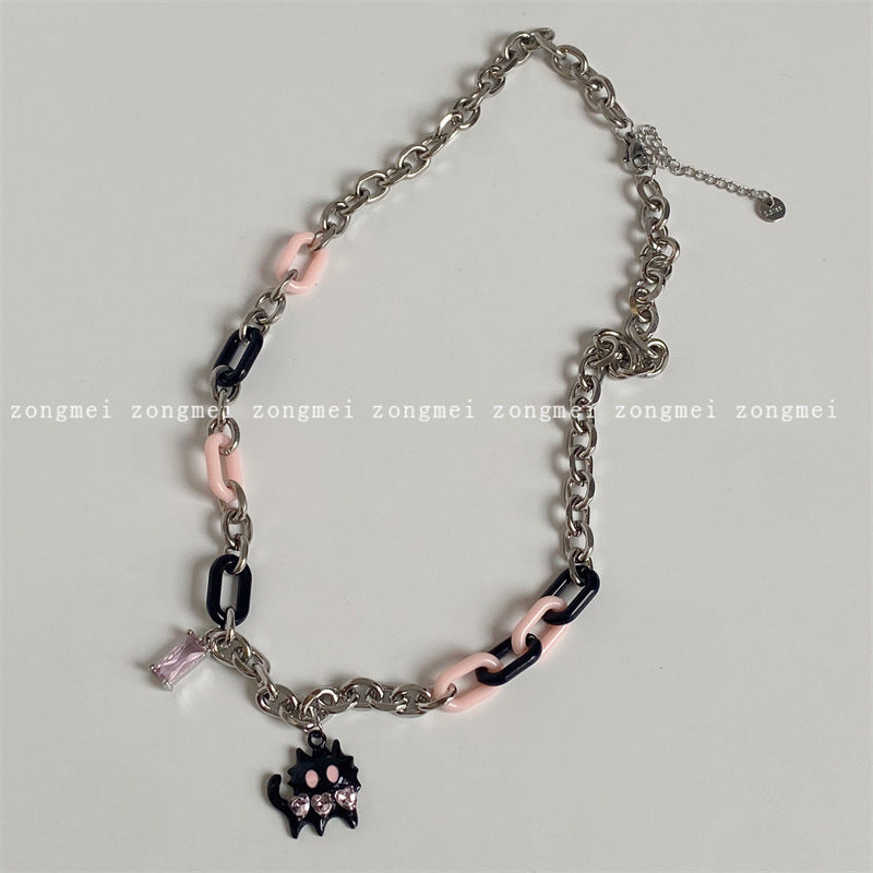 Women's Pink Black Titanium Steel Chain Stitching Necklaces