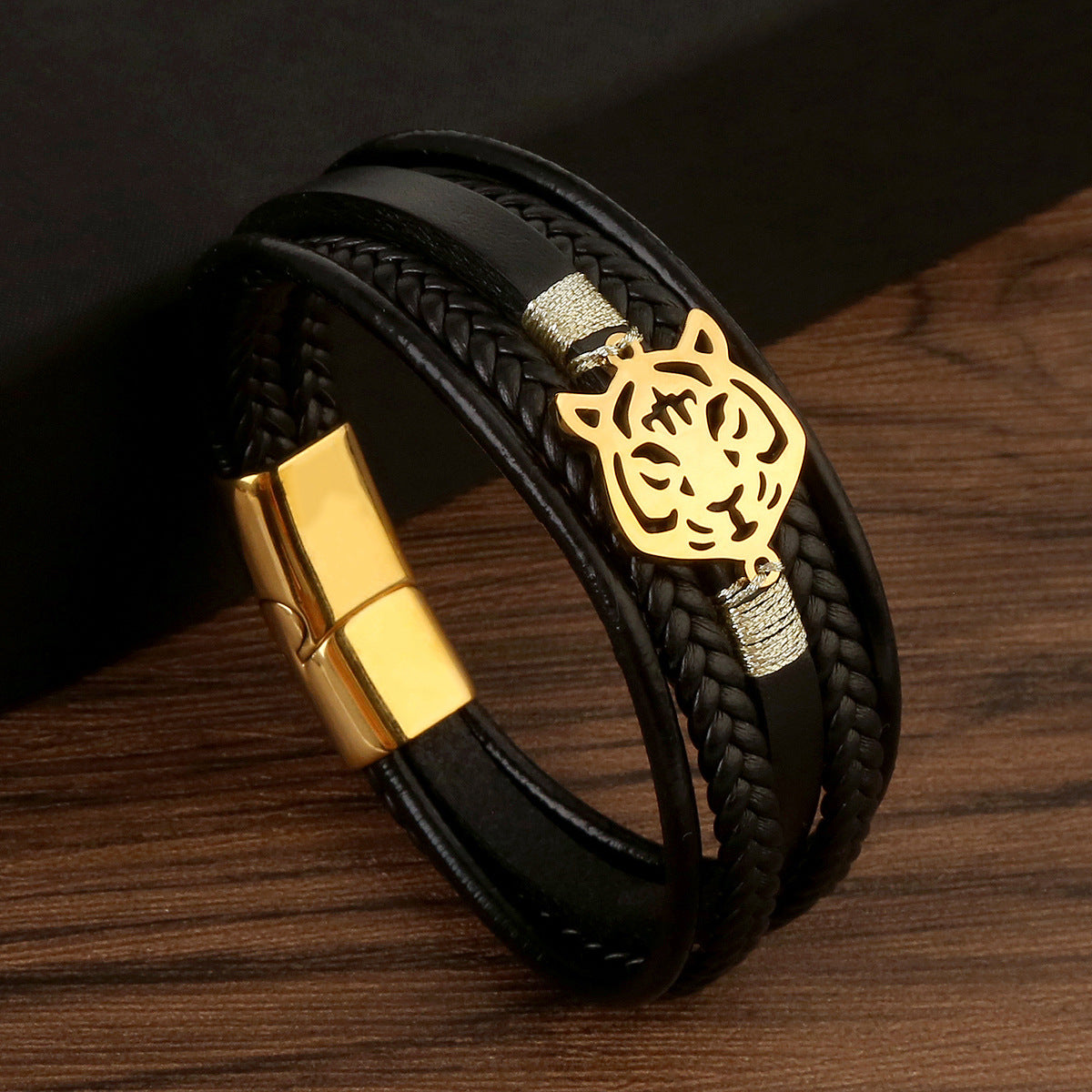 Men's Fashion Tiger Head Stainless Steel Leather Braided Bracelets