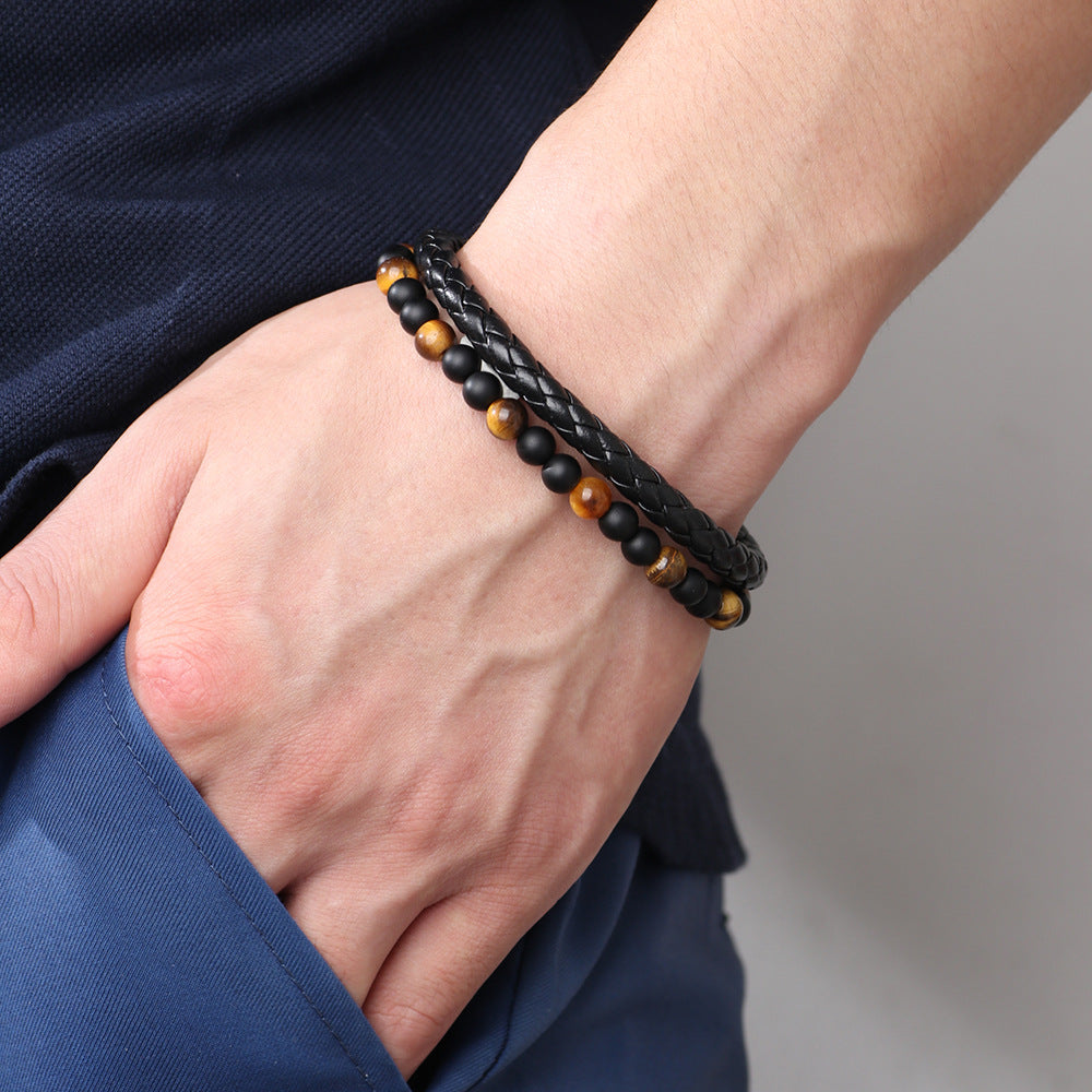 Men's Stone Tigereye Beaded Cowhide String Agate Bracelets