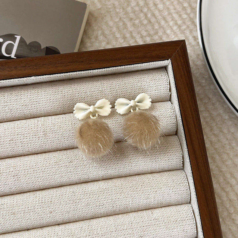 Women's Bow Plush Ball Personality Campus For Earrings