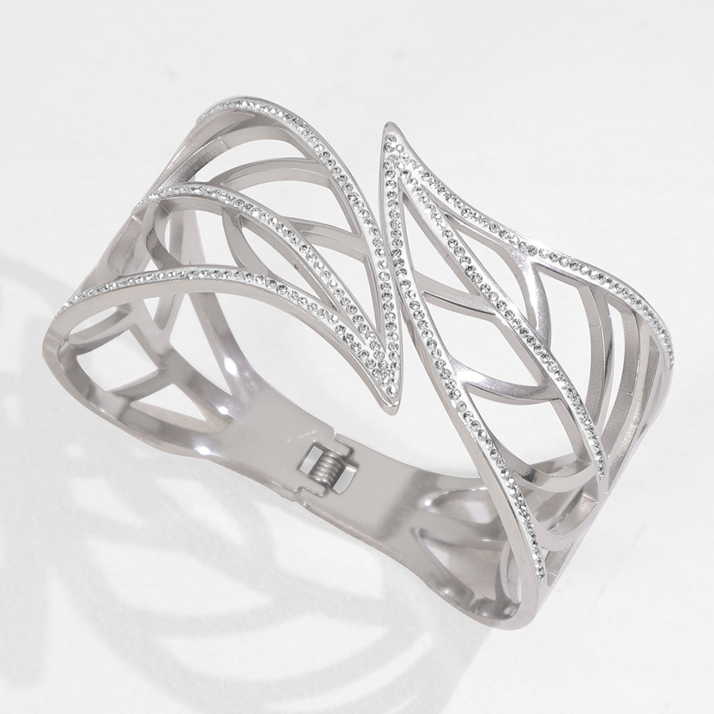 Women's Eye-catching Hollow Leaves Full Diamond Stainless Steel Open Personality Bracelets