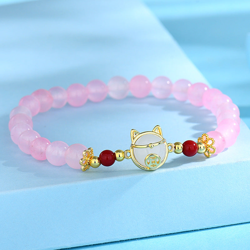 Bracelets en perles d'or véritable pour femmes, chat porte-bonheur