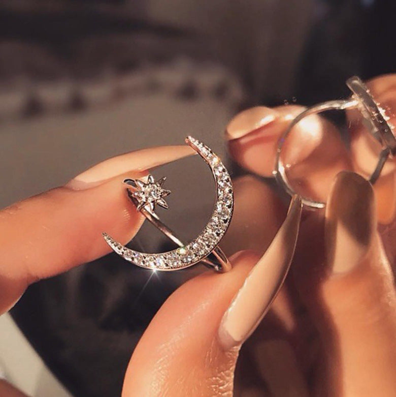 Crescent Star Moon Plated Creative Exaggerating Open Ring