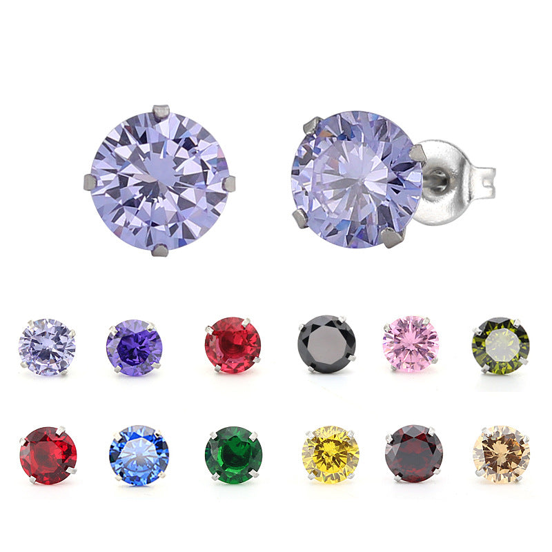 Women's Four Claw Crystal Color Zircon Stainless Round Thin Needle Earrings