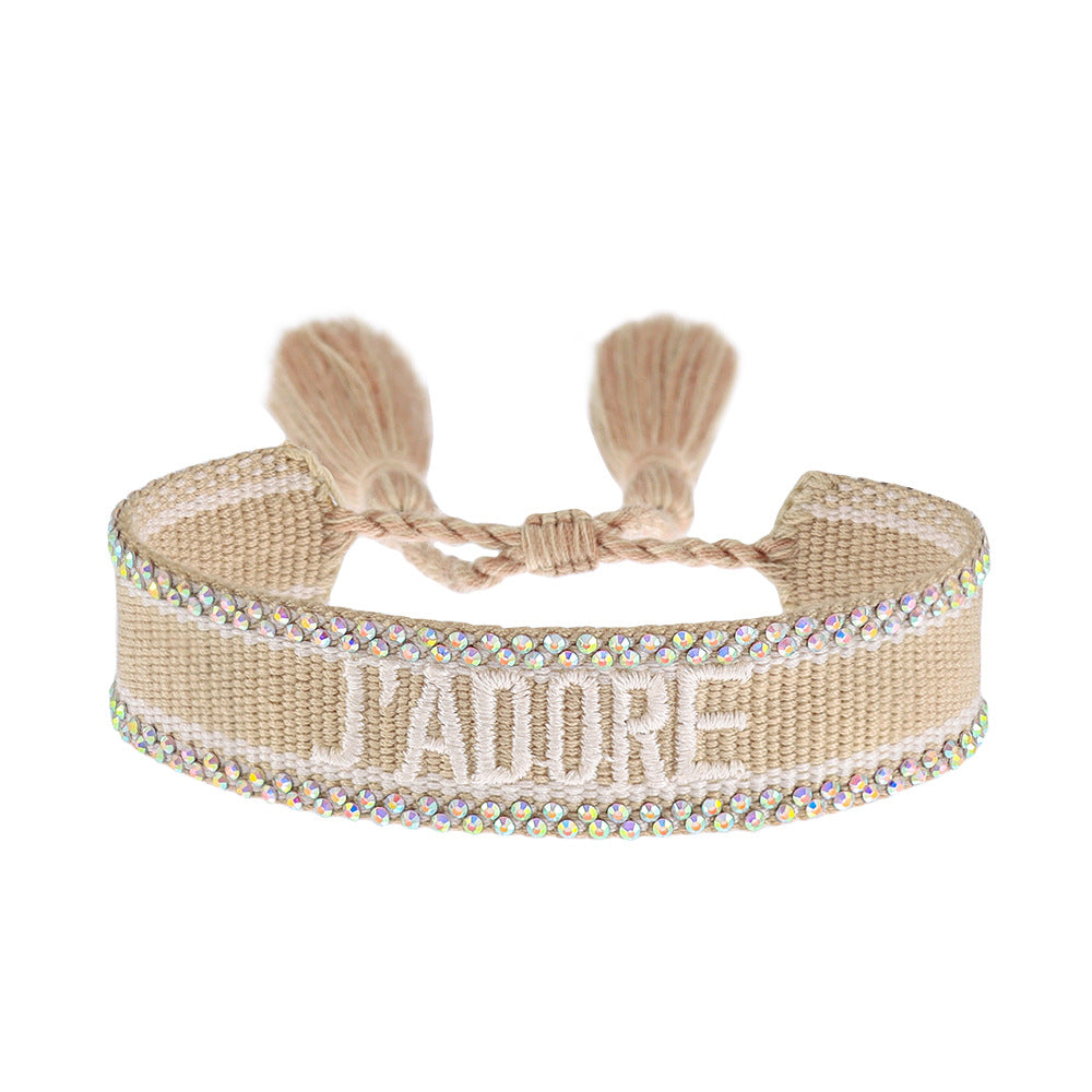 Women's Rhinestone Woven Embroidered Letter Carrying Strap Bracelets