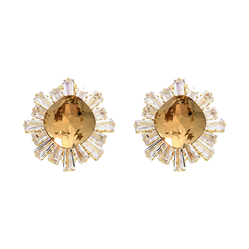 Plating Light Luxury Fashion Full Zirconium Sunflower Super Shiny Refined Earrings