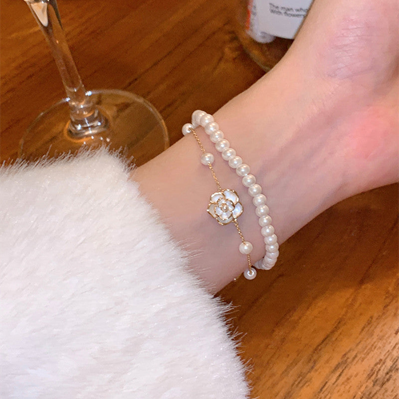 Women's Fashion White Camellia Pearl Light Luxury Minority Bracelets