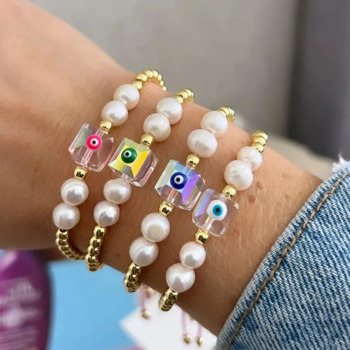 Bracelets de perles de mauvais œil en cristal de Dopamine de bohème