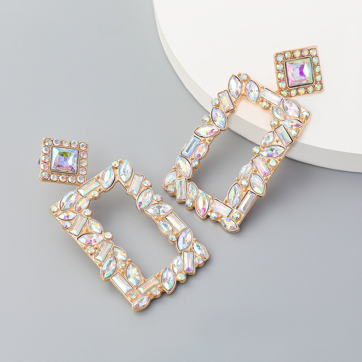 Women's Rectangular Alloy Diamond Rhinestone Colorful Crystals Geometric Earrings