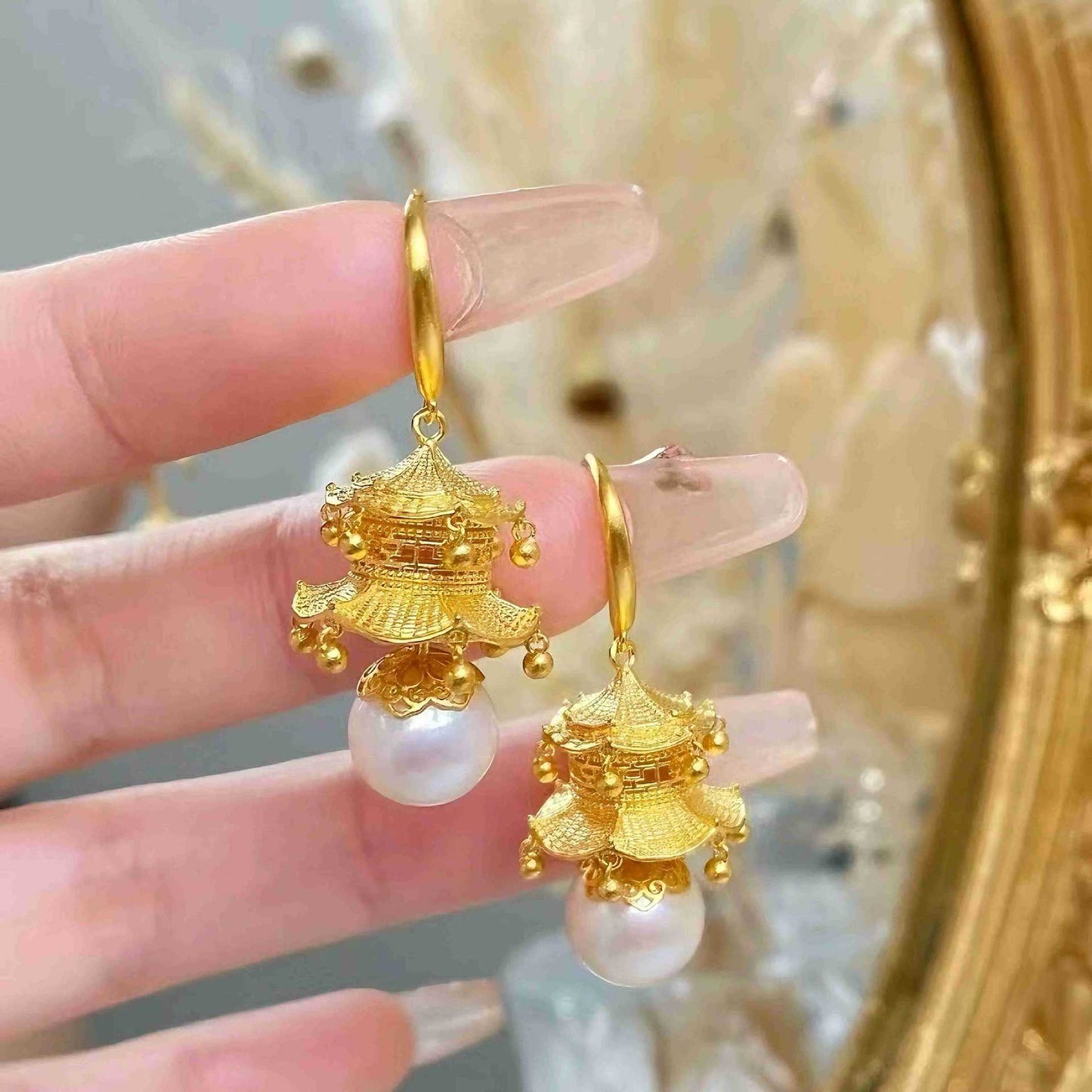 Alluvial Gold Palace Style Hexagonal Loft Pearl Earrings