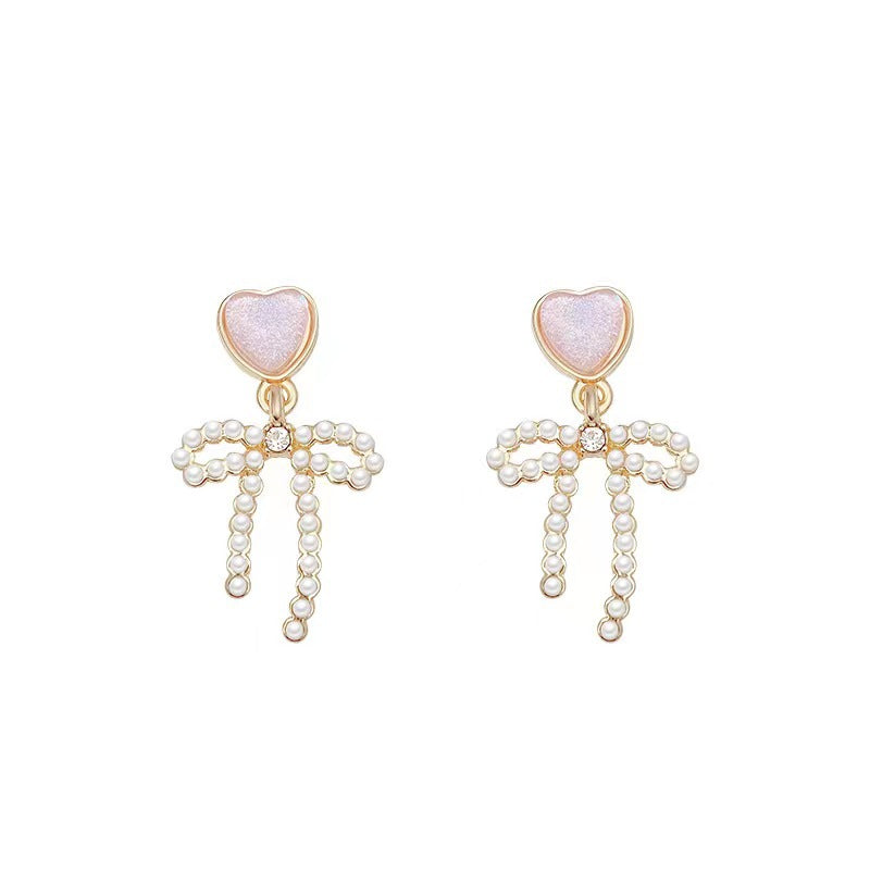 Sweet Pink Bow Love Heart Female Sier Needle Earrings