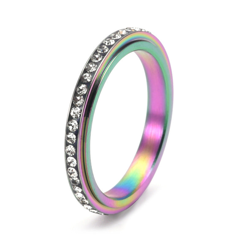 Women's Stainless Steel Fresh Single Row Rhinestone Rotatable Rings