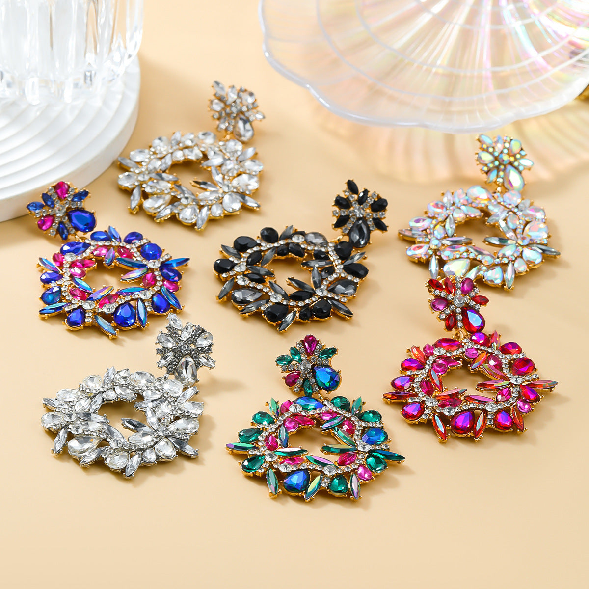 Colored Diamond Exaggerated Alloy Round Flower Earrings