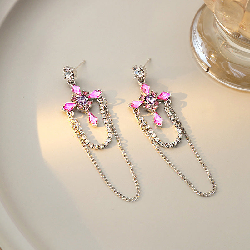 Pink Diamond Cross Light Luxury Square Chain Earrings