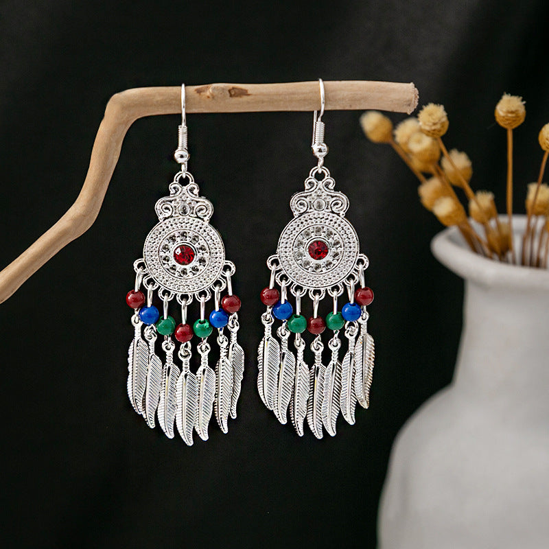 Ethnic Style Imitation Miao Sier Colorful Long Feather Tassel Earrings