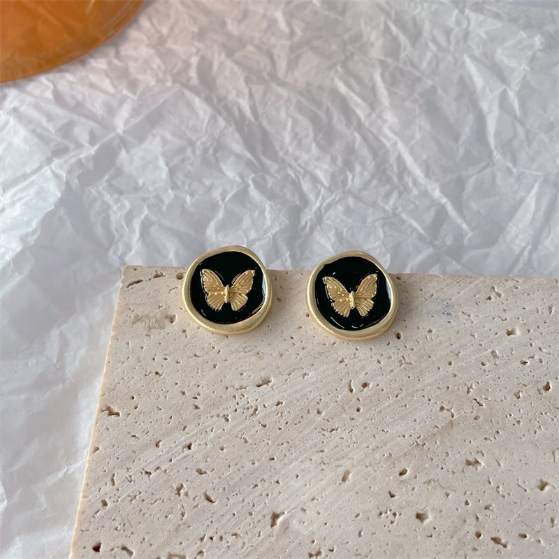 French Retro Butterfly Matte Black Drip Ear Clip Classic Style Rings