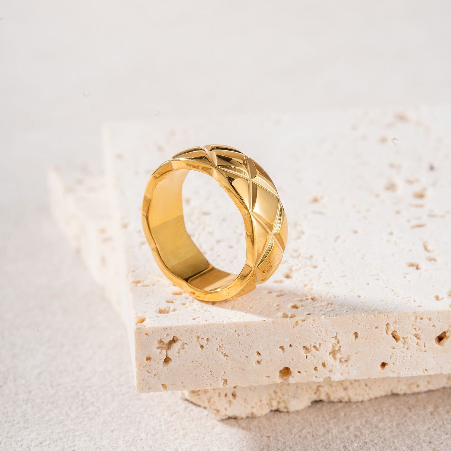 Classic Style Rhombus High Version Narrow Wide Couple Rose Gold Ring