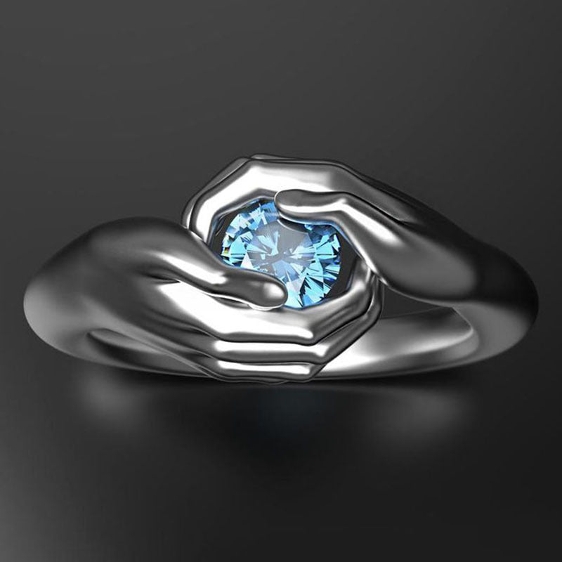 European Fashion Hands Hugging Sapphire Inlaid Ring