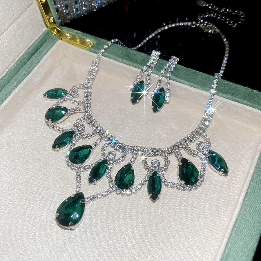 Flower Female Emerald Vintage Clavicle Chain Earrings