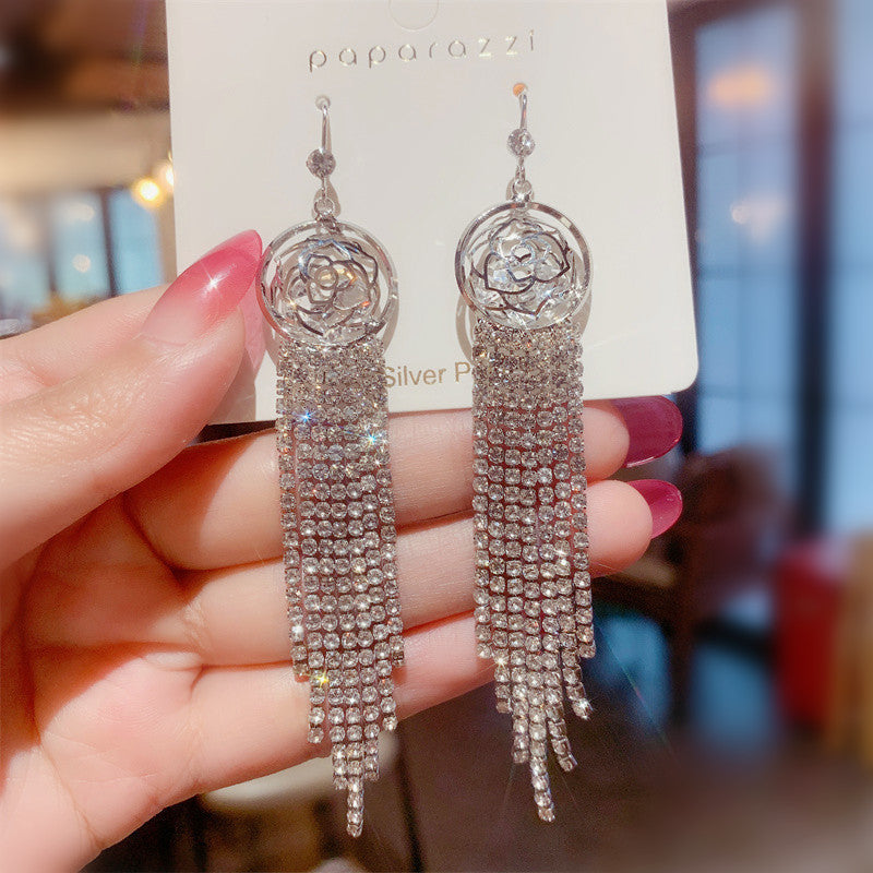 Needle Exaggerated Diamond Geometric Tassel Long Earrings