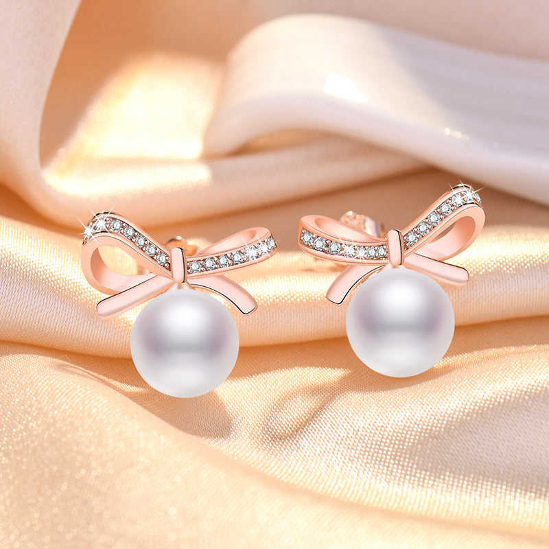 Women's Style Rhinestone Bow Freshwater Pearl Vitality Earrings