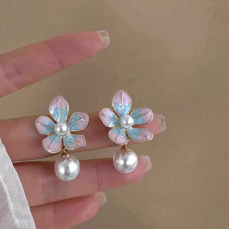 Women's Fragrant Gold High-grade Retro Blue Pink Flower Ear Fashion Simple Earrings