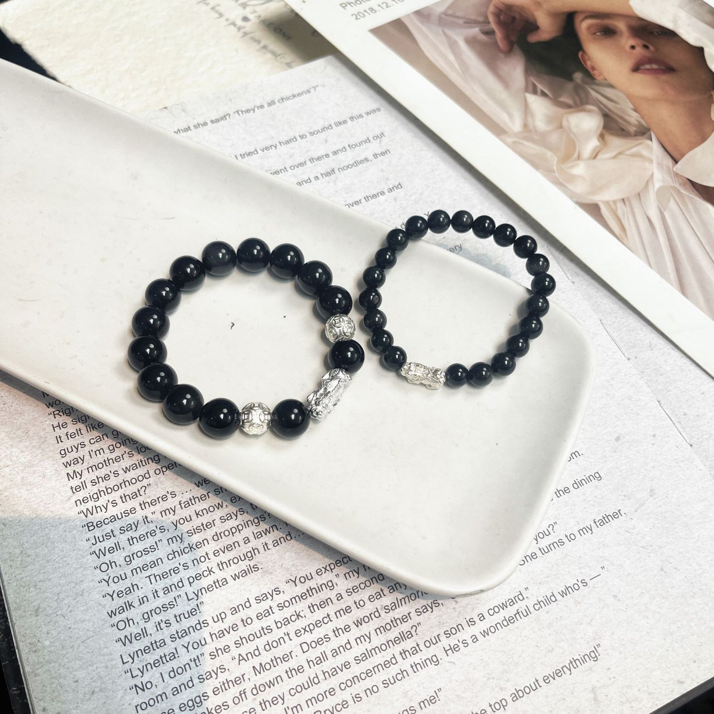 Bracelets de Saint-Valentin en cristal d'argent et ciel d'obsidienne pour couple