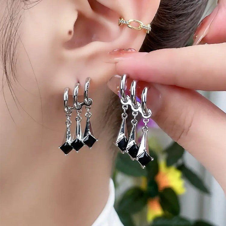 Three Rows Ear Personality Tassel Shiny Diamond Female Stud Earrings