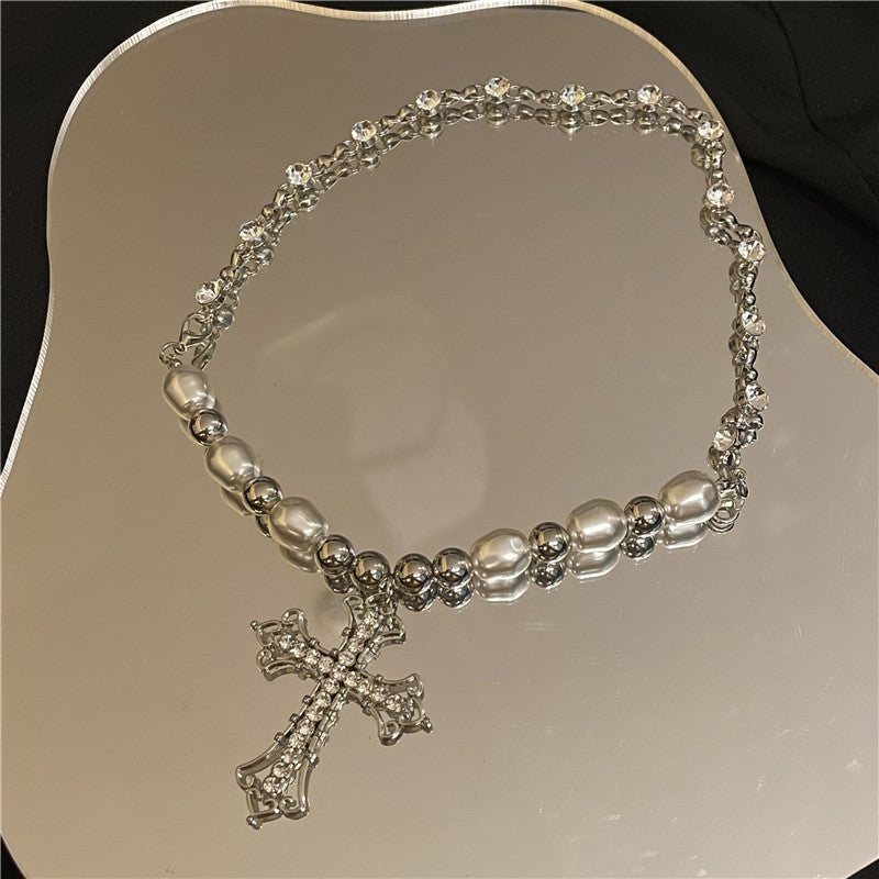 Retro Pearl Punk Simple Sweet Cool Dark Cross Necklace