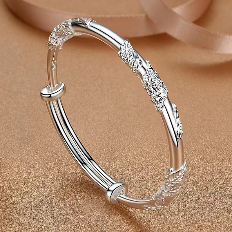Push-pull Female Chinese Sier Plated Embossed Filigree Leaf Bracelet