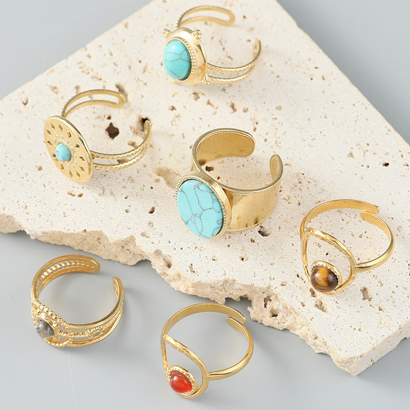 Stainless Steel Ladies Natural Stone Turquoise Shank Retro Ring