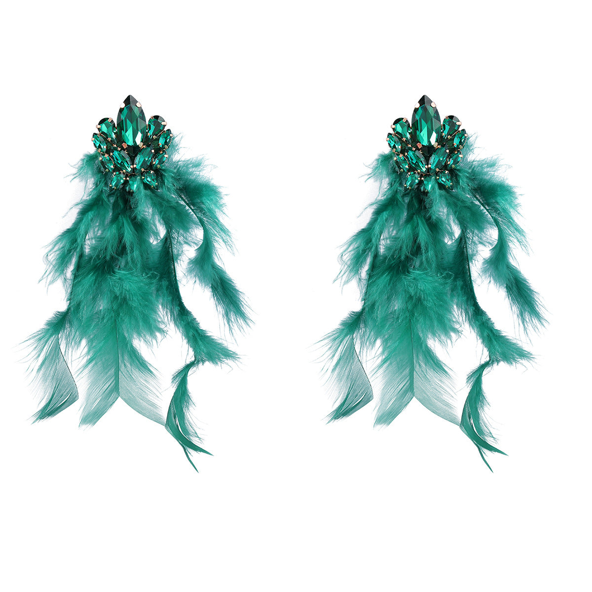 Boucles d'oreilles femme à pompon en plumes longues et fleur de diamant