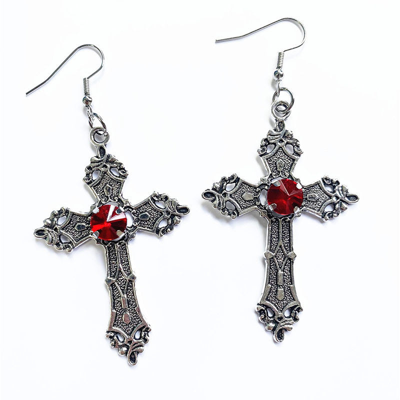 Boucles d'oreilles pendantes en strass avec croix imprimée de fleurs créatives