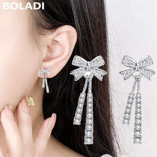 Sterling Sier Bow Ear Tassel Pure Earrings