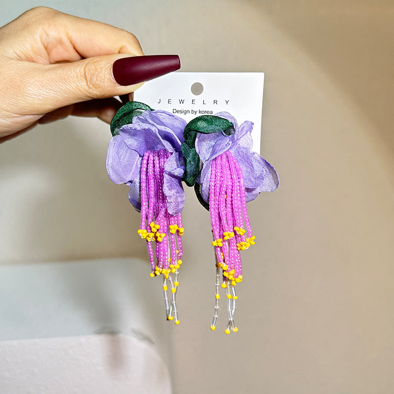 Bohemian Handmade Fabric Flower Long Fringe Earrings