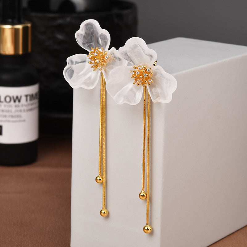 Ancient Chinese Style White Magnolia Long Fringe High-grade Stud Earrings