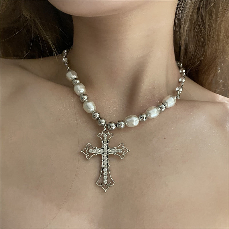 Retro Pearl Punk Simple Sweet Cool Dark Cross Necklace
