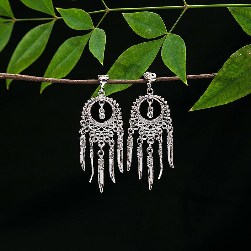 Women's Ethnic Geometric Tassel Ear Clip Miao Sier Retro Elegant Earrings