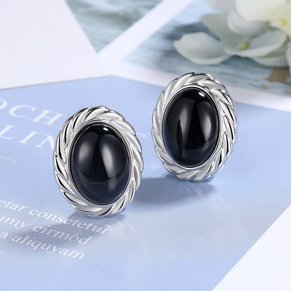 Retro Natural Black Agate Oval Twist Special Interest Earrings